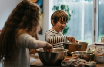 Children baking cakes in a kitchen