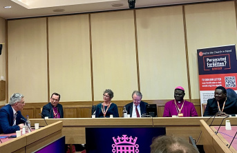 Group of people sitting around a table within parliament including a Bishop and Father from Nigeria