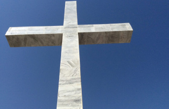 Large stone cross against a blue sky background