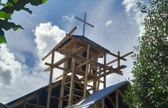 A church under construction with scaffolding