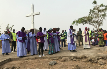 Stations of the cross at the Holy Mountain of the Cross pilgrimage Centre in the diocese of Maiduguri with Bishop Oliver Dashe Doeme.