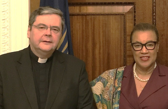 Baroness Patricia Scotland, former Secretary-General of the Commonwealth of Nations, with Father Dominic Robinson 