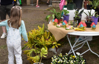 A young girl standing in front of a table with potted plants on display