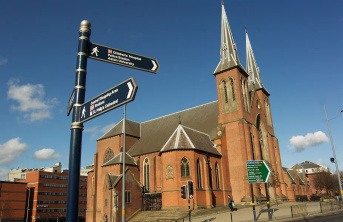 Sign post outside of St Chad’s Cathedral in Birmingham