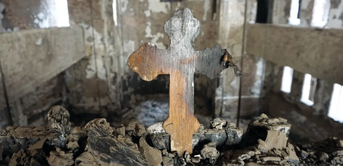 Burnt cross in St George’s Coptic Catholic Cathedral in Egypt after being burned