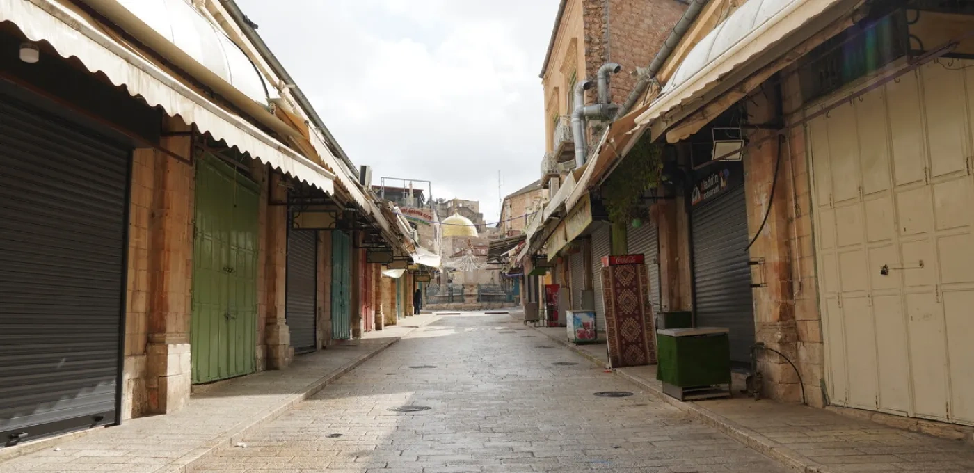 An empty shopping street in Jerusalem’s Old City.