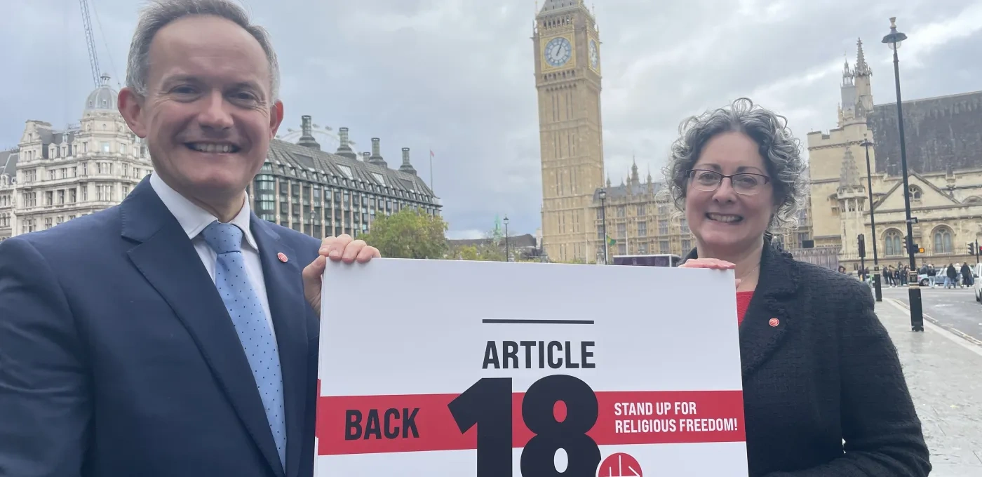 John Pontifex and Dr Caroline Hull launch Article 18 petition outside Parliament (Image: ACN)