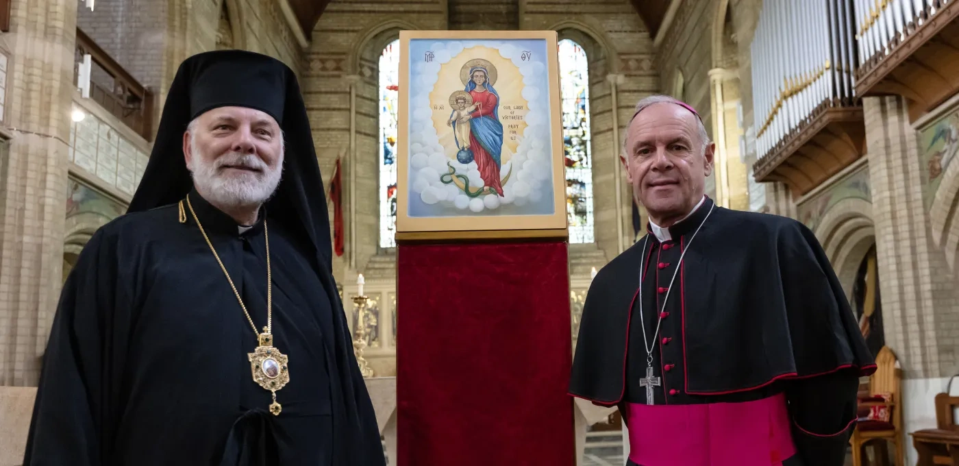 Bishop Kenneth Nowakowski, Apostolic Eparch of the Ukrainian Greek Catholic Eparchy of the Holy Family of London and Bishop Paul Mason, Roman Catholic Bishop of the Forces with the icon.