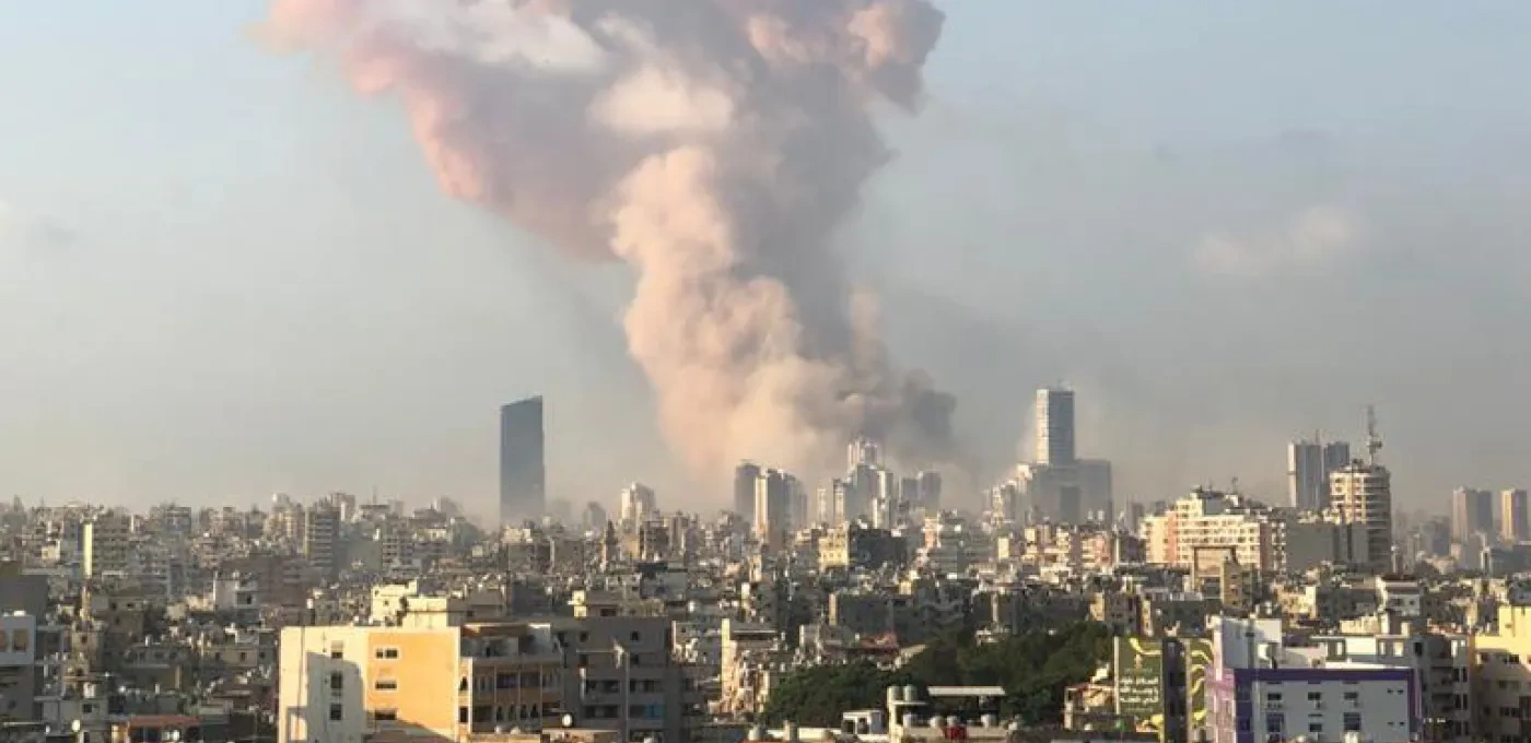 A cloud of smoke above the harbor where the explosion happened in Lebanon.