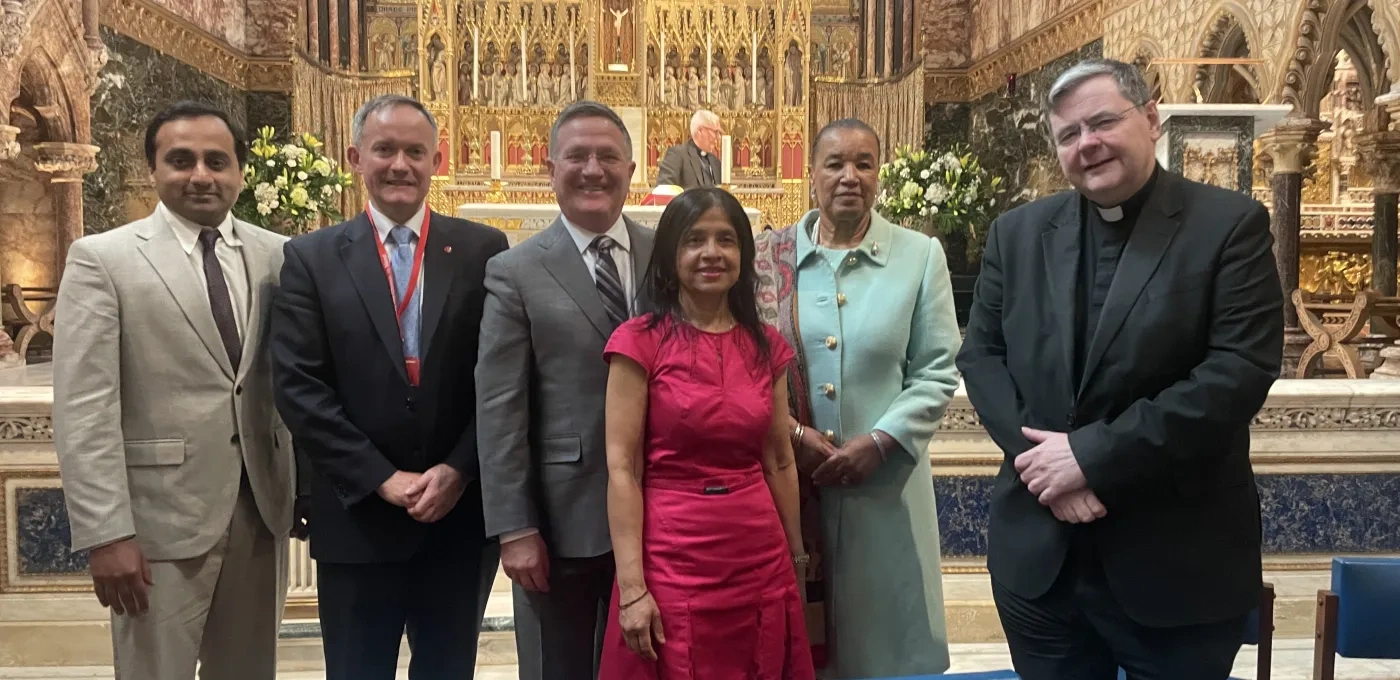 Farhan Saleem, John Pontifex, Dr Brian Grim, Karen Singarayer, Baroness Patricia Scotland and Fr Dominic Robinson and Karen Singarayer 