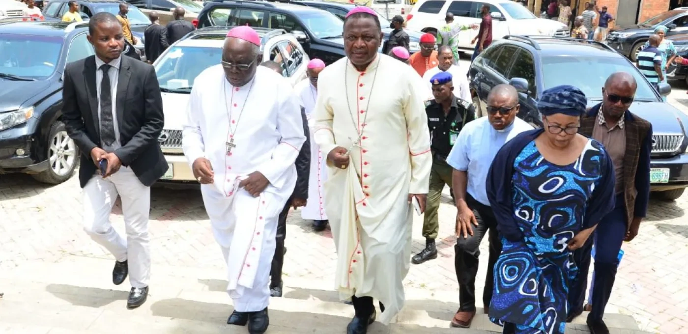 Bishop Jude Arogundade entering the St Francis Xavier Church shortly after the massacre in 2022 
