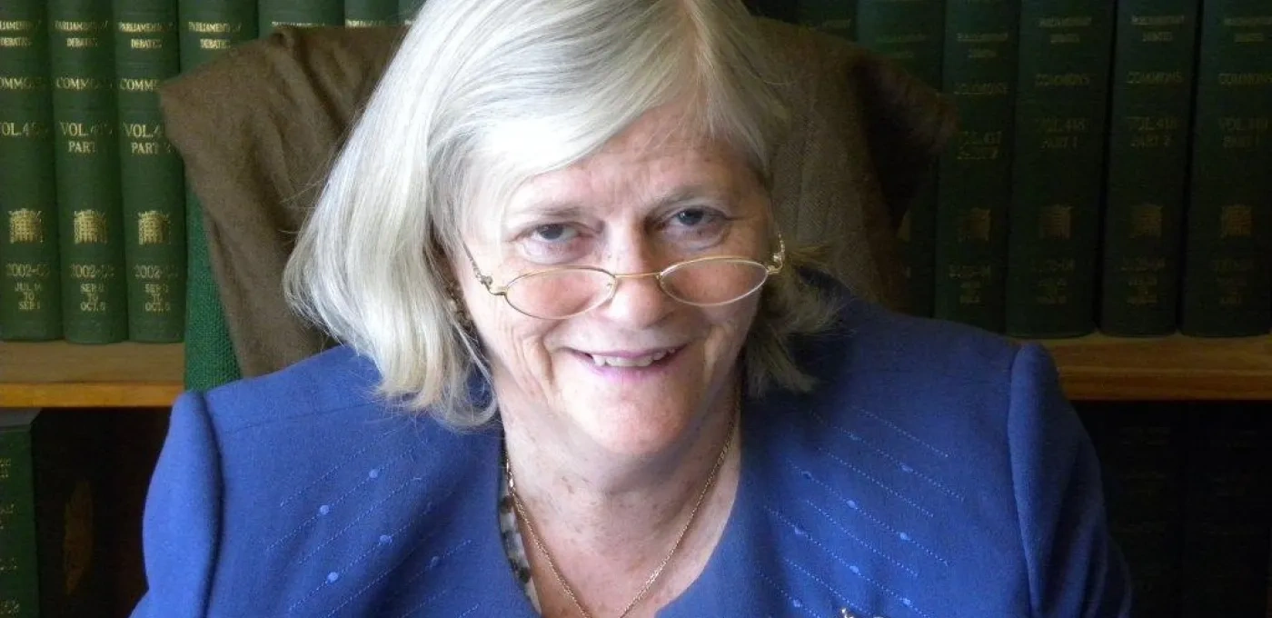 Rt Hon Ann Widdecombe wearing a blue blazer, wearing glasses