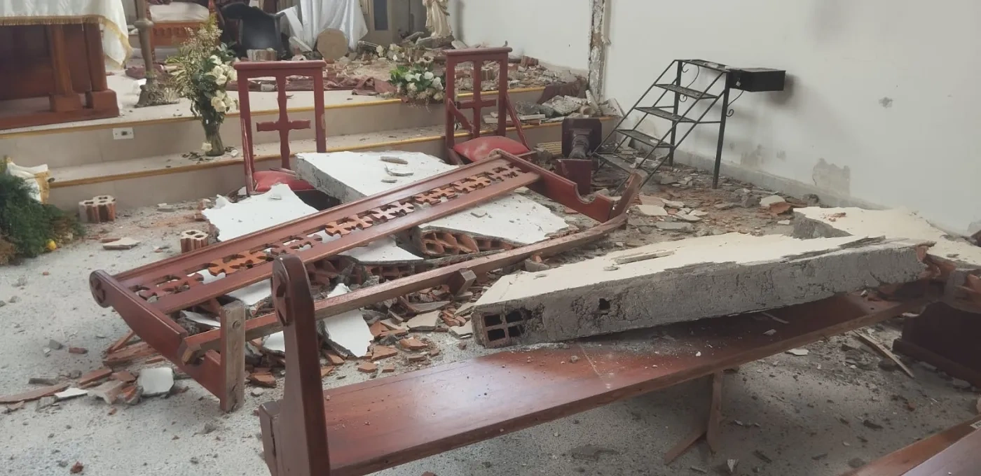 Damage to the interior of a church following an earthquake