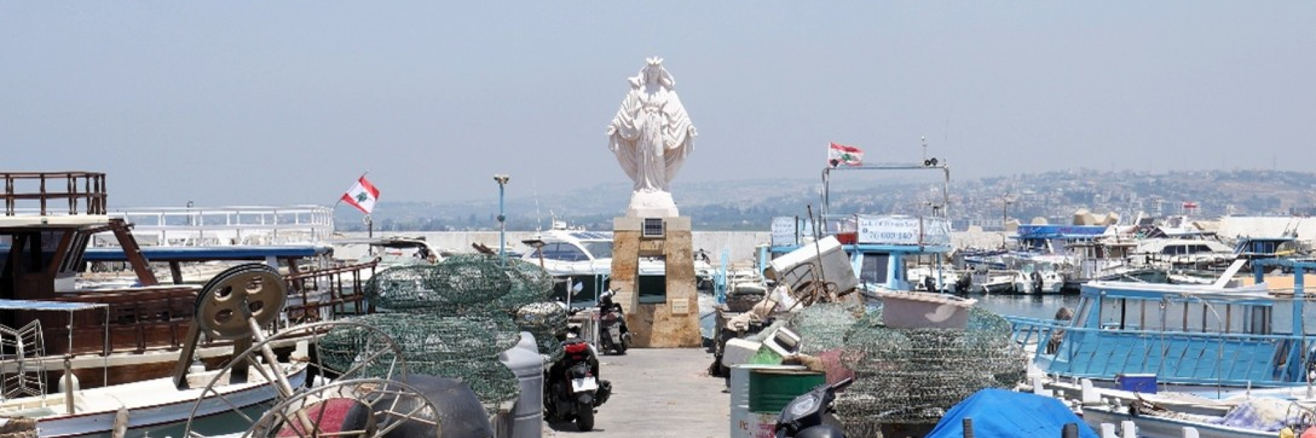 A Christian statue overlooking Tyre Marina in Lebanon