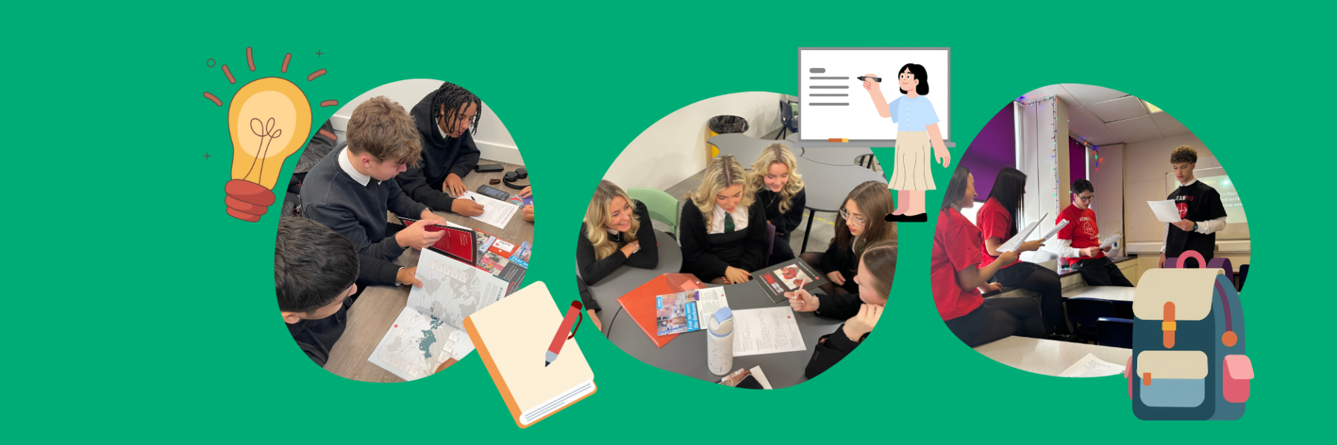 Students in groups work together at desks, discussing papers and assignments. Illustrations of a lightbulb, notebook, teacher, and rucksack decorate the green background around the photos.