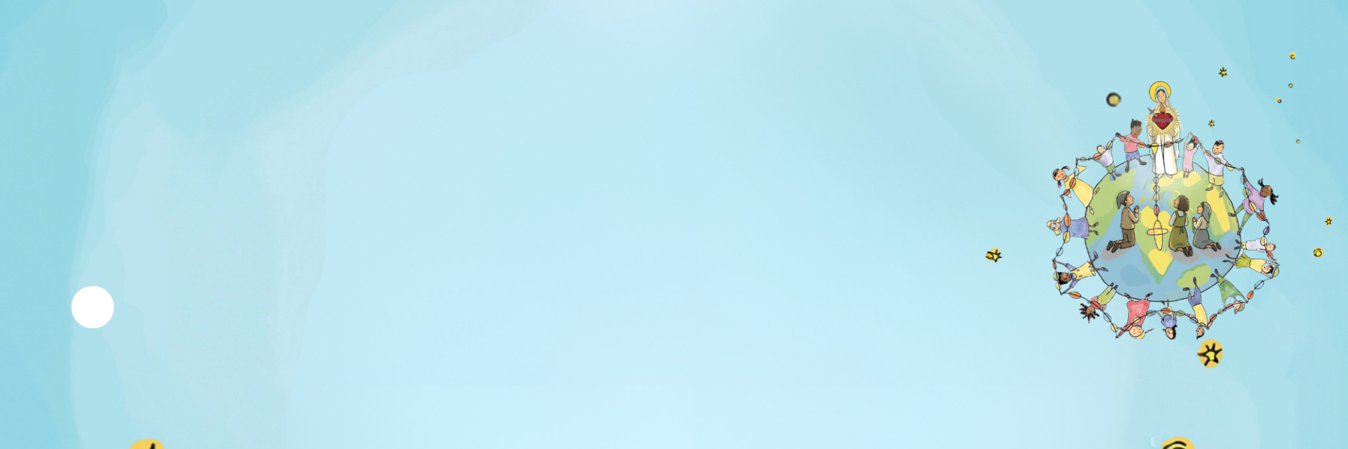 Cartoon image of children holding hands around the world on a light blue sky background