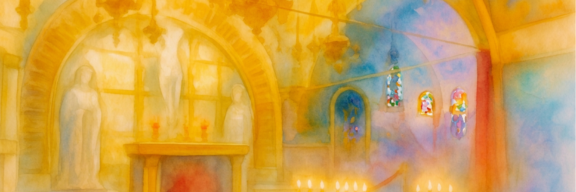 An artistic painting on the interior of a Church with Altar and stained glass windows