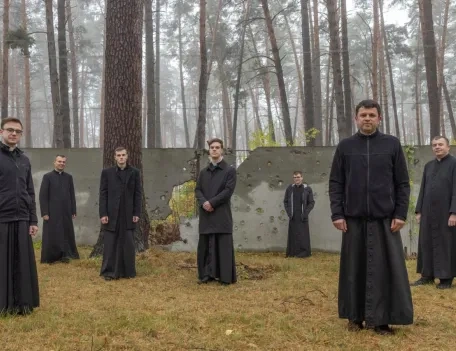 A group of Ukrainian Seminarians in a forest