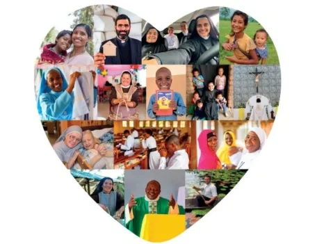 A heart shape filled with images of people smiling from around the world