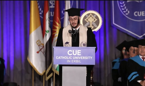 Yohana Yaqoob Abdeesh Al-Zeebaree speaking to CUE graduates