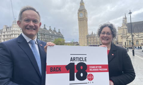 John Pontifex and Dr Caroline Hull launch Article 18 petition outside Parliament (Image: ACN)