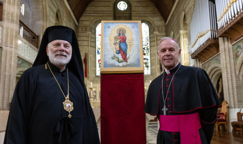 Bishop Kenneth Nowakowski, Apostolic Eparch of the Ukrainian Greek Catholic Eparchy of the Holy Family of London and Bishop Paul Mason, Roman Catholic Bishop of the Forces with the icon.