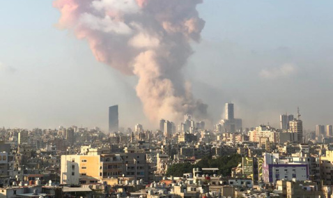 A cloud of smoke above the harbor where the explosion happened in Lebanon.