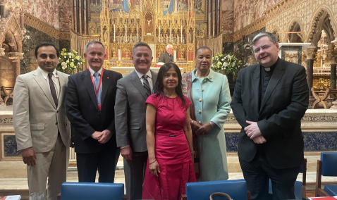 Farhan Saleem, John Pontifex, Dr Brian Grim, Karen Singarayer, Baroness Patricia Scotland and Fr Dominic Robinson and Karen Singarayer 