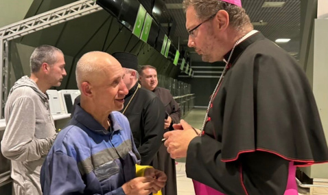 Archbishop Visvaldas Kulbokas, Apostolic Nuncio to Ukraine, with Father Ivan Levytskyi, who was freed from Russian captivity 