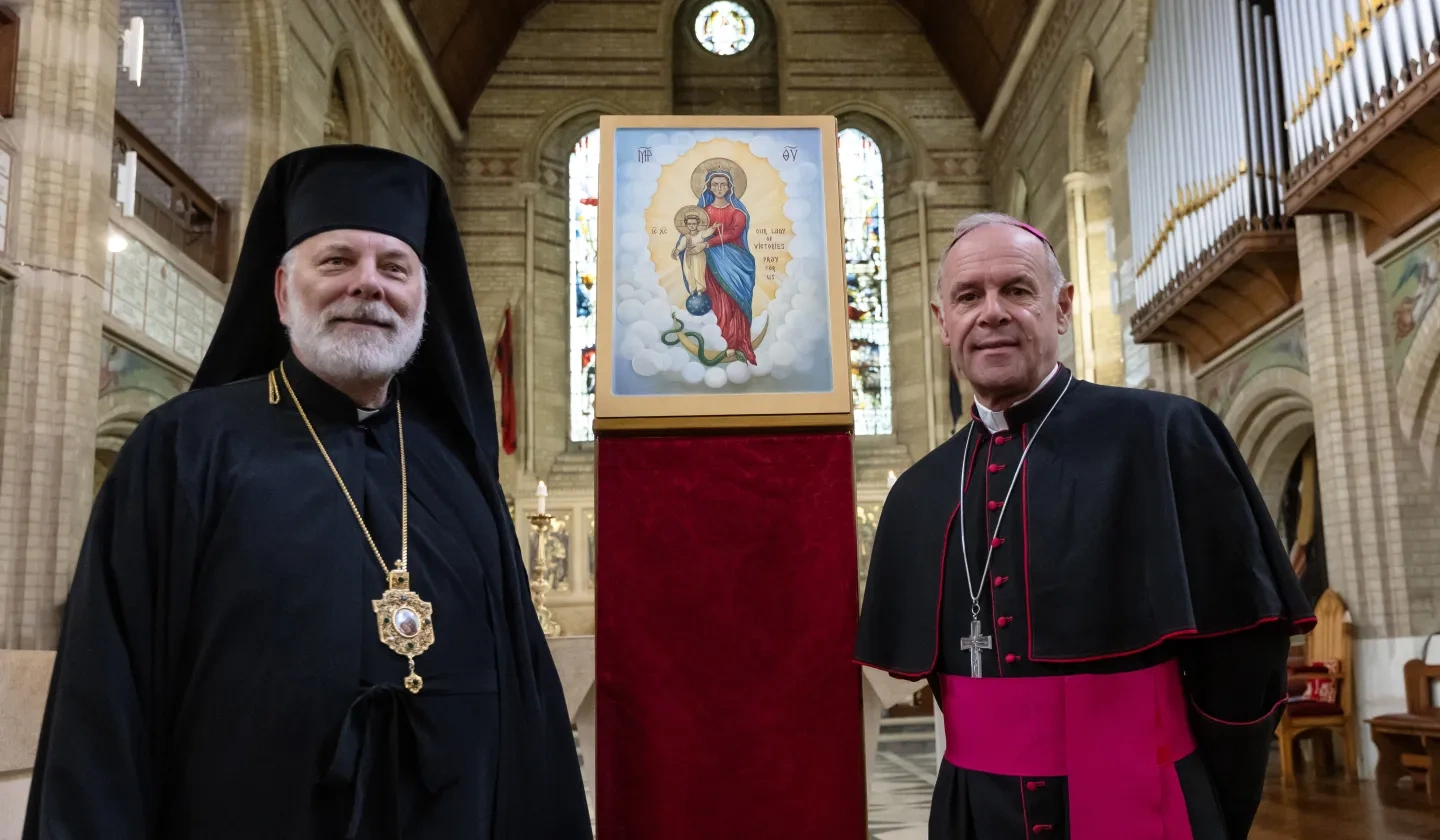 Bishop Kenneth Nowakowski, Apostolic Eparch of the Ukrainian Greek Catholic Eparchy of the Holy Family of London and Bishop Paul Mason, Roman Catholic Bishop of the Forces with the icon.
