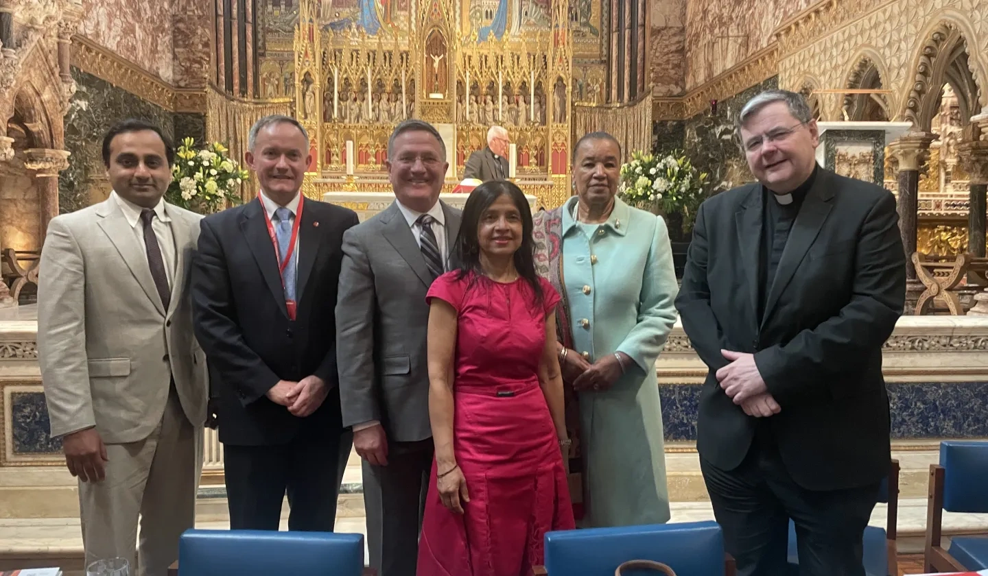 Farhan Saleem, John Pontifex, Dr Brian Grim, Karen Singarayer, Baroness Patricia Scotland and Fr Dominic Robinson and Karen Singarayer 