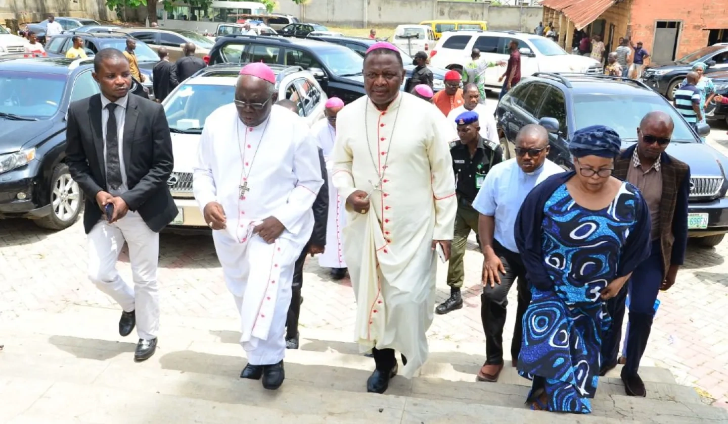 Bishop Jude Arogundade entering the St Francis Xavier Church shortly after the massacre in 2022 