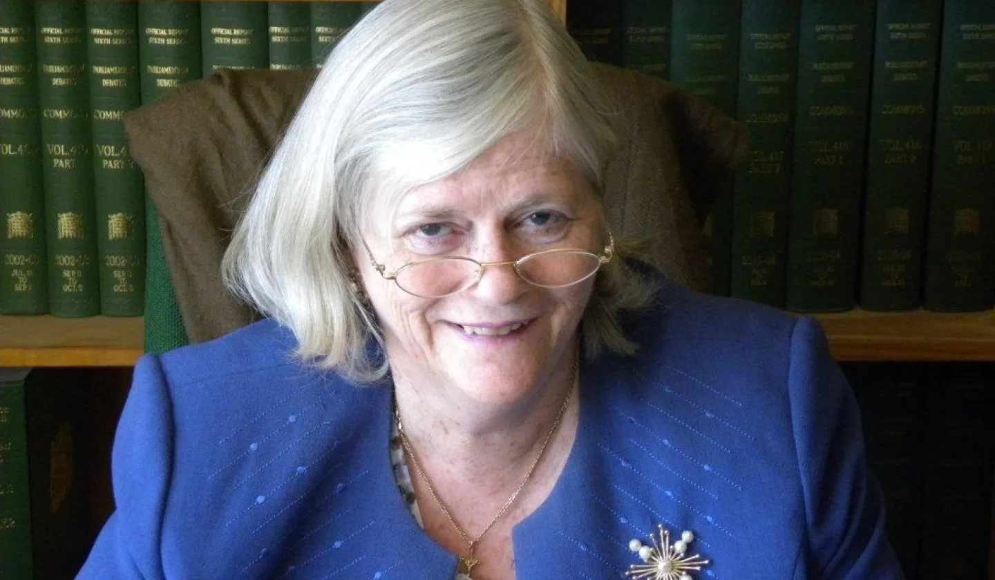 Rt Hon Ann Widdecombe wearing a blue blazer, wearing glasses
