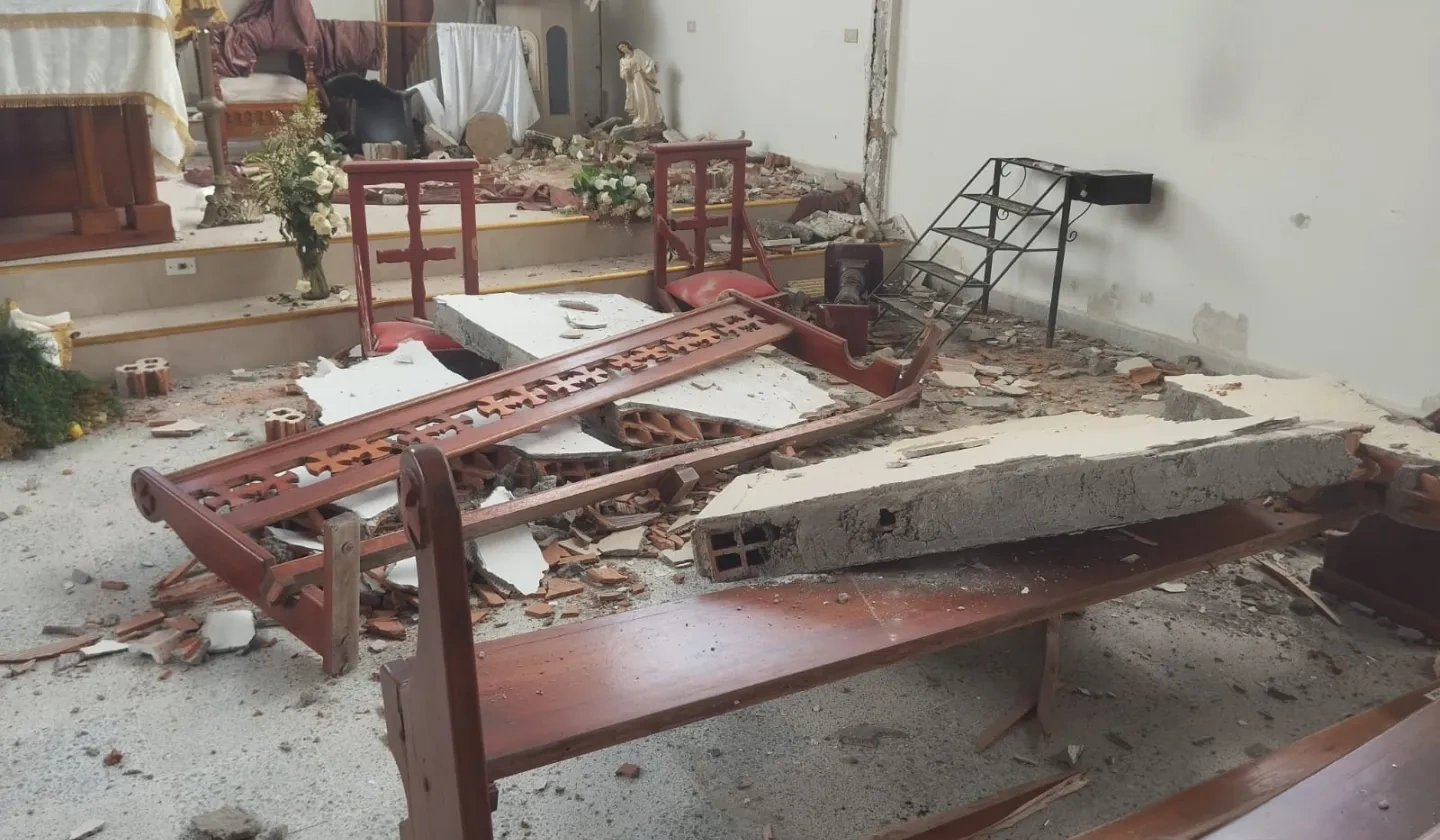 Damage to the interior of a church following an earthquake
