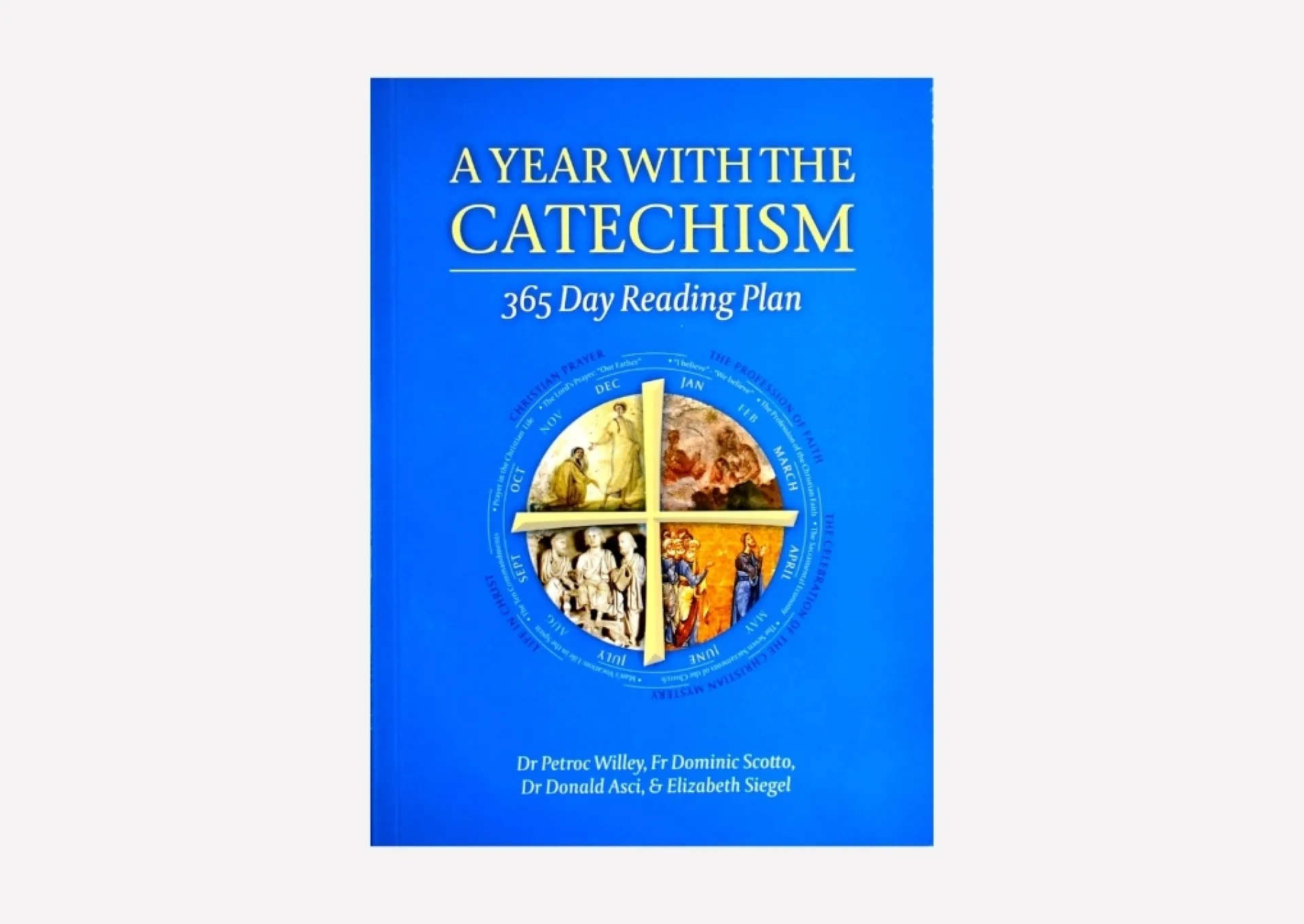 Blue book cover featuring title &quot;A year with the Catechism&quot;