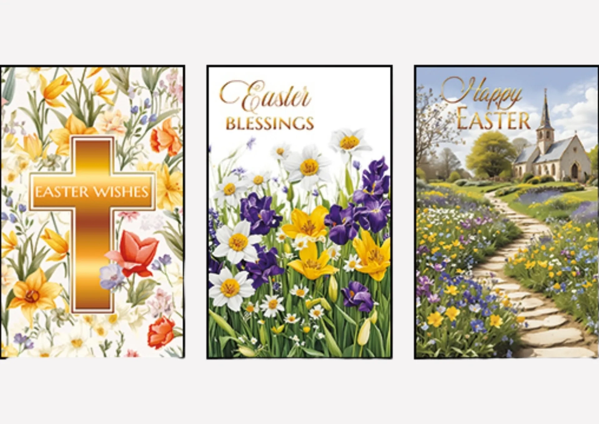Three designs of Easter themed cards, featuring flowers and crosses