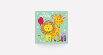 Child's birthday card with a lion and a giraffe