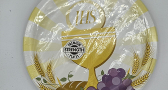 Yellow paper plate with chalice design