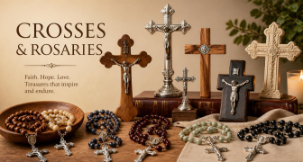 A selection of crosses and rosaries displayed on a tablet
