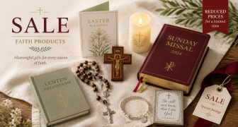 A selection of products from a Christian gift shop from books to rosaries