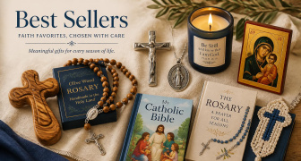 Selection of Christian products including candles, rosaries, books and more