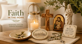 Christian products for the home on a table including crosses and candles