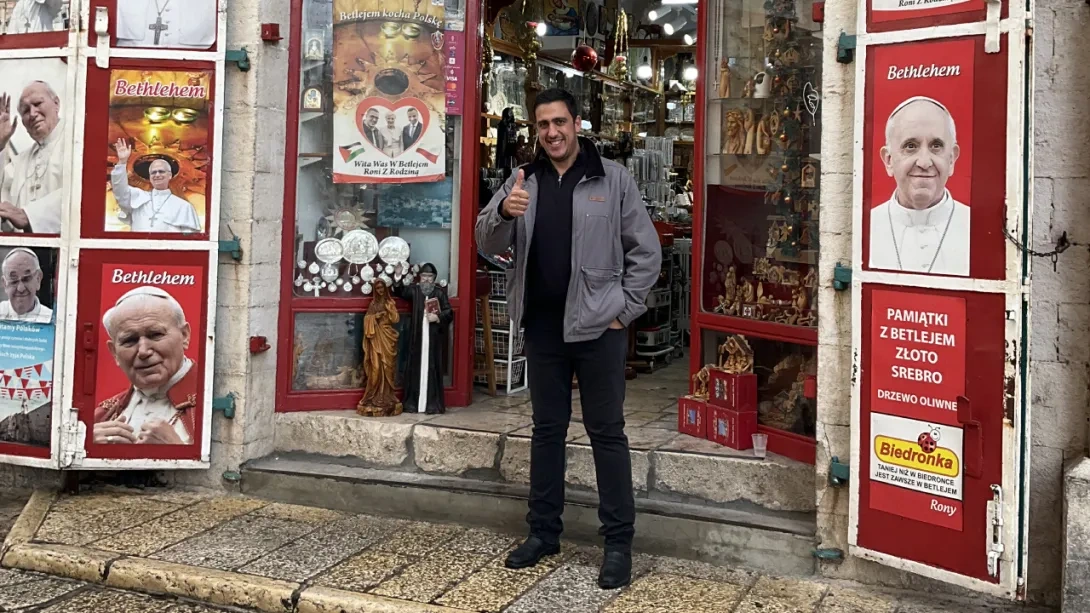 Rony Tabash outside his shop in Bethlehem