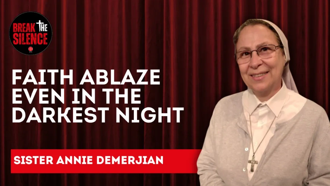 A Sister standing in front of a red curtain with the ACN Break the Silence logo and episode title displayed