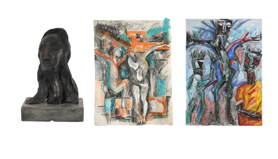 Art pieces including a head sculpture and two paintings