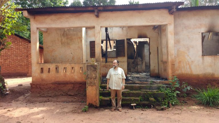 Bishop Juan Jose Aguirre outside a house attacked by Séléka jihadists in Central African Republic