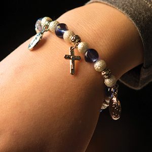 Blue Glass Bracelet with Crucifixes & Medals