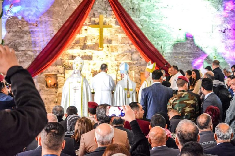 His Beatitude Raphael Sako and Chaldean Bishop Shlemon Warduni celebrating the first Mass in Mosul since 2014, with Syriac Catholic Archbishop Mouche and Syriac Orthodox Archbishop Nicodemus Dauod Matti Sharaf participating.