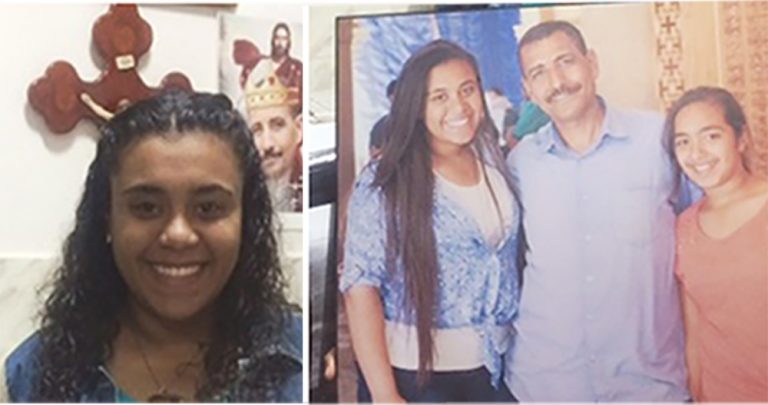 Marian Nabil Habib (far right). Photograph on the right: Marian (right), her father, Nabil Habib, who was among 29 people killed by extremists in Egypt in December 2016 and her sister, Youstina. (© Aid to the Church in Need)