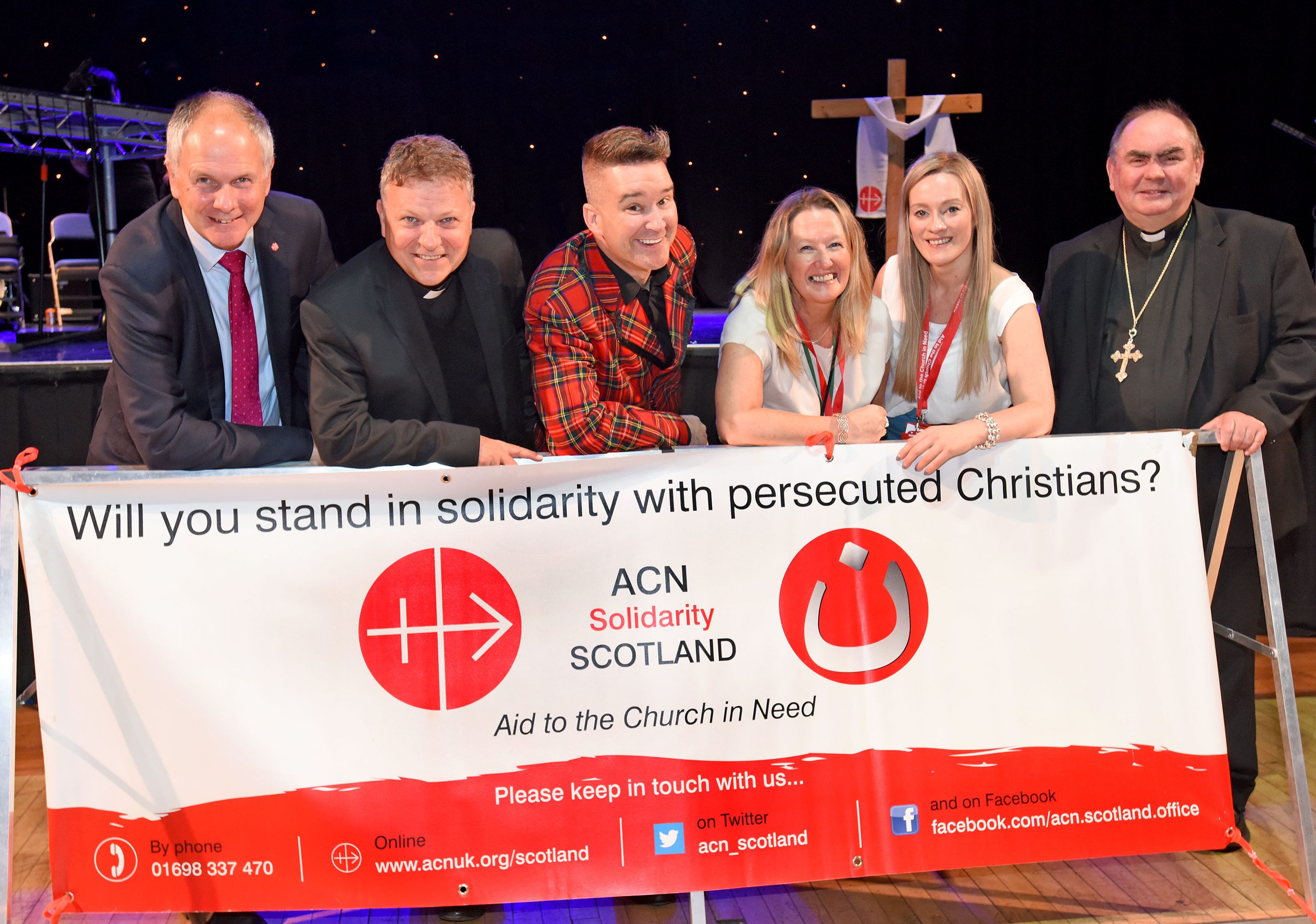 Scotland annual ACN event (from left) ACN UK National Director Neville Kyrke-Smith; Bishop John Keenan of Paisley; DJ Steve McKenna; Lorraine McMahon, ACN Head of Operations in Scotland; Clair Sweeney, ACN Schools and Events Coordinator in Scotland and Bishop Joseph Toal of Motherwell (© Paul Mc Sherry - Aid to the Church in Need)